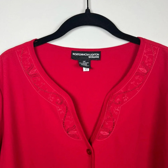 Norton McNaughton V-Neck Button Down Blouse Red Floral Embroidered Women's Sz 1X - Picture 3 of 11